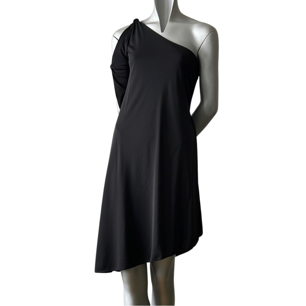 BCBG MAX AZRIA BLACK ONE SHOULDER MIDI DRESS SIZE XXS